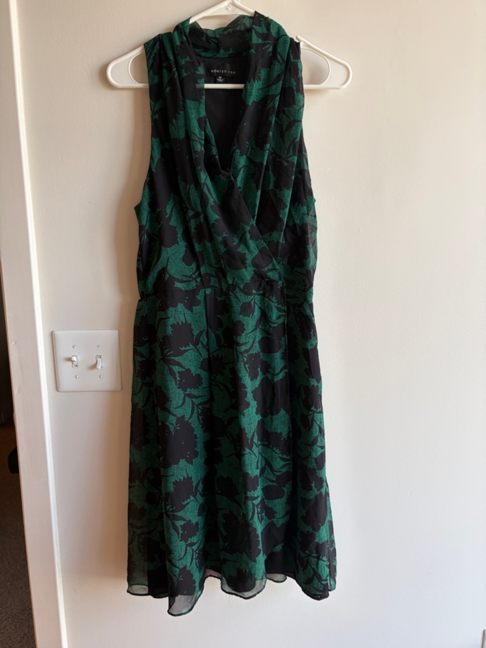 Anthropologie Black and Green Floral Wrap Midi Dress